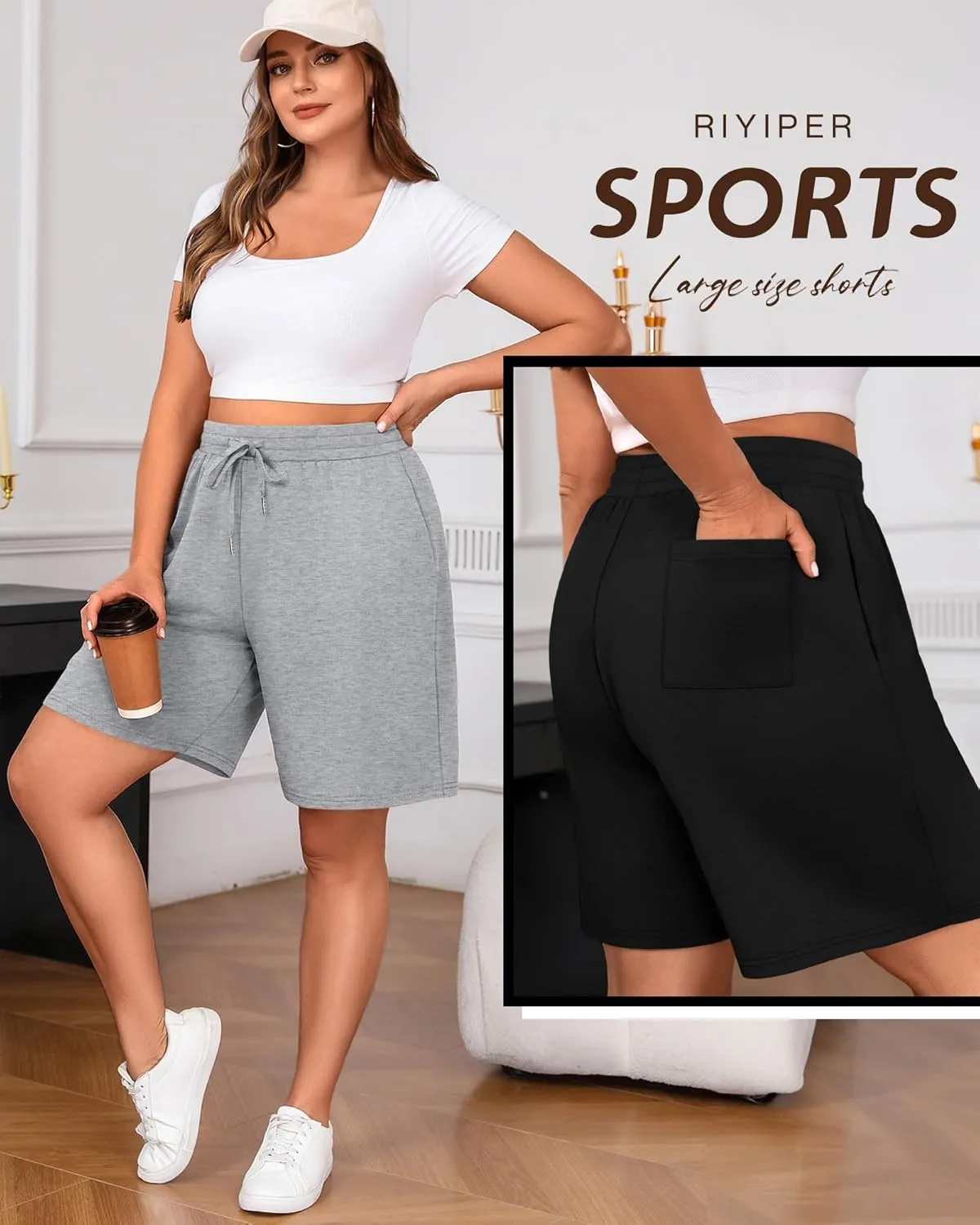 Riyiper 3 Pack Women's Plus Size Shorts Drawstring Bermuda Shorts Casual Wide Leg Knee Length Shorts with Pockets