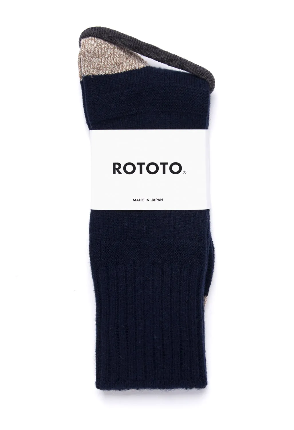 ROTOTO Guernsey Pattern Crew Socks - Navy/Mix Brown
