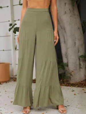 Ruffle Hem Wide Leg Crinkle Pants