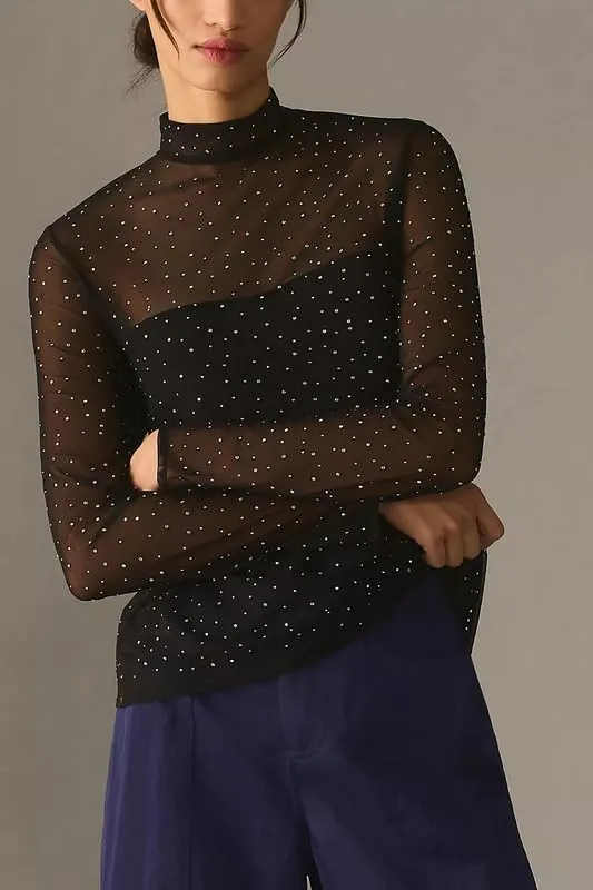 Sheer Mesh Long Sleeve Layering Top for Women Mock Neck Floral Lace Tshirt See Through Tee Shirt Blouse