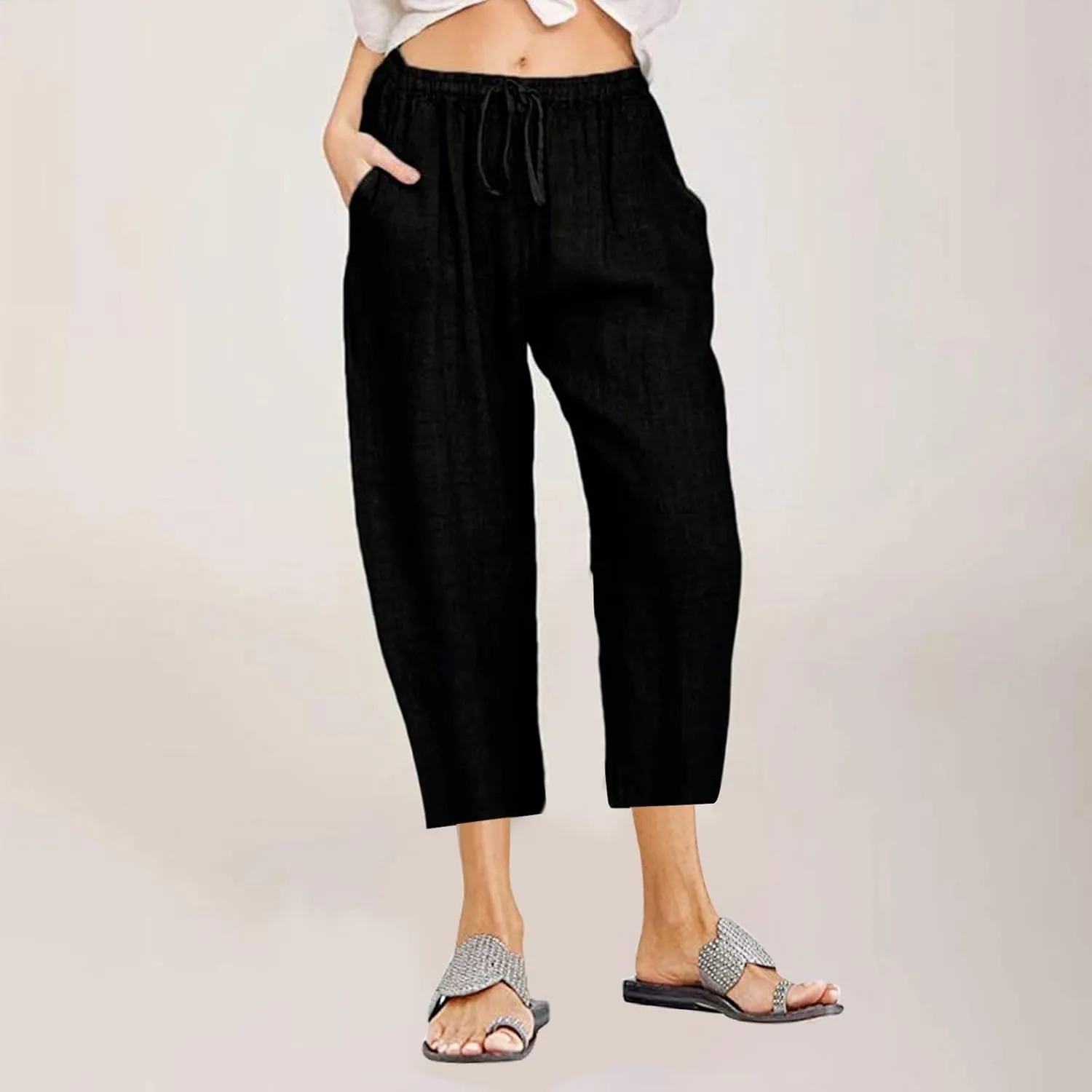 SMIDOW Cotton Linen Wide Leg Pants for Women Casual Summer Drawstring Elastic Waist Capris Loose Cropped Trouser with Pockets