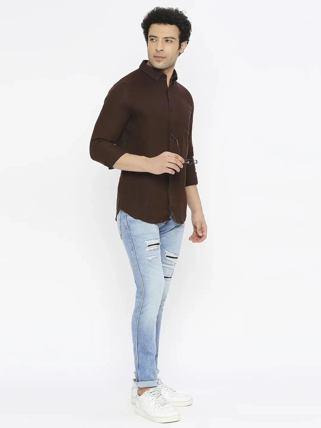 Spykar Men Coffee Brown Linen Slim Fit Full Sleeve Plain Shirt