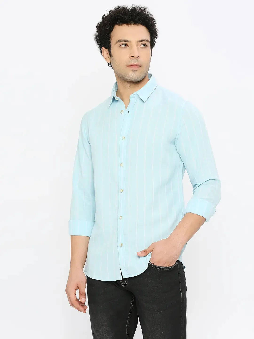 Spykar Men Sky Blue Cotton Linen Slim Fit Full Sleeve Striped Shirt