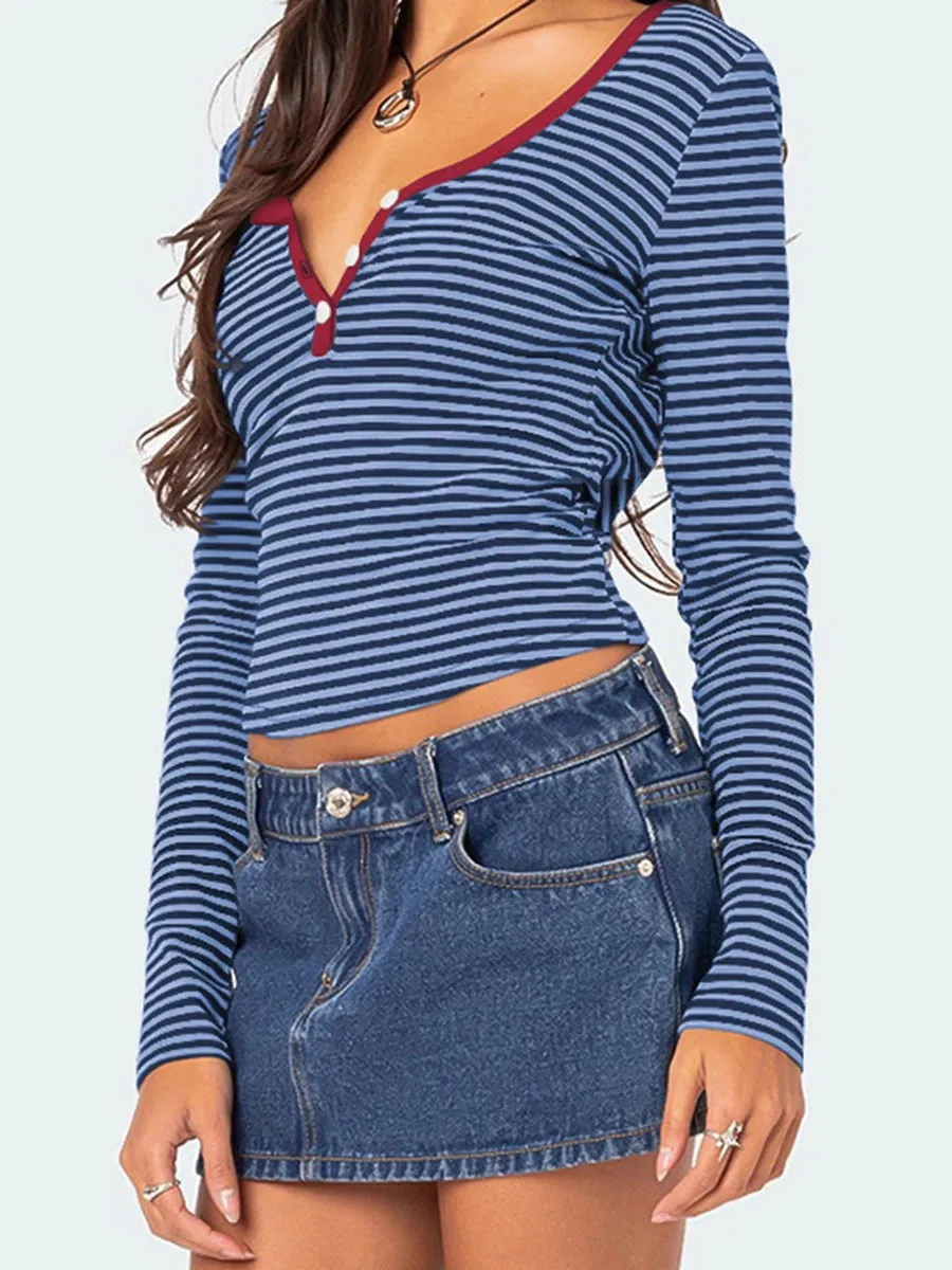 TAVIMART  -  Classic Striped Slim Long Sleeve T-shirt Spring Sexy Contrast Button U Collar T-shirts For Women Y2k Fashion Vintage Crop Tops