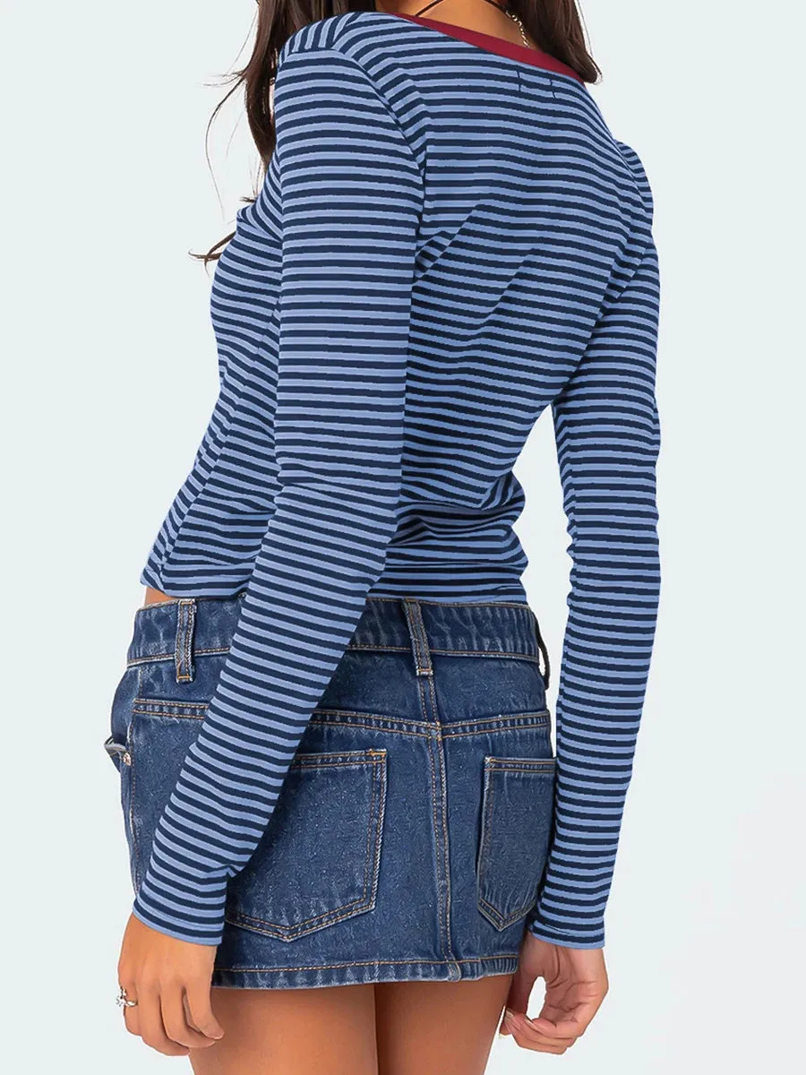 TAVIMART  -  Classic Striped Slim Long Sleeve T-shirt Spring Sexy Contrast Button U Collar T-shirts For Women Y2k Fashion Vintage Crop Tops