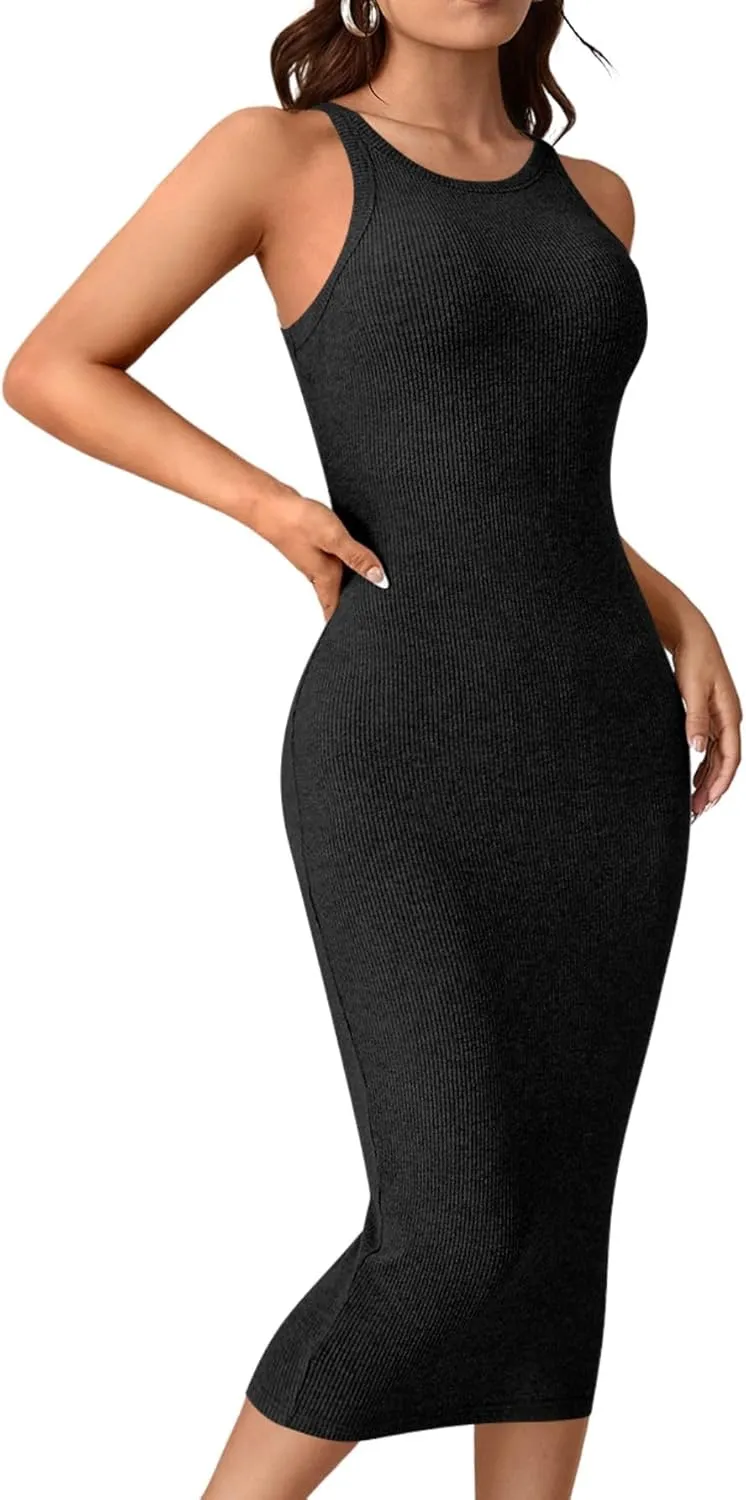 Verdusa Women's Fall Dress Sleeveless Ribbed Knit Midi Tank Dress Wedding Guest Dress Sweater Dresses