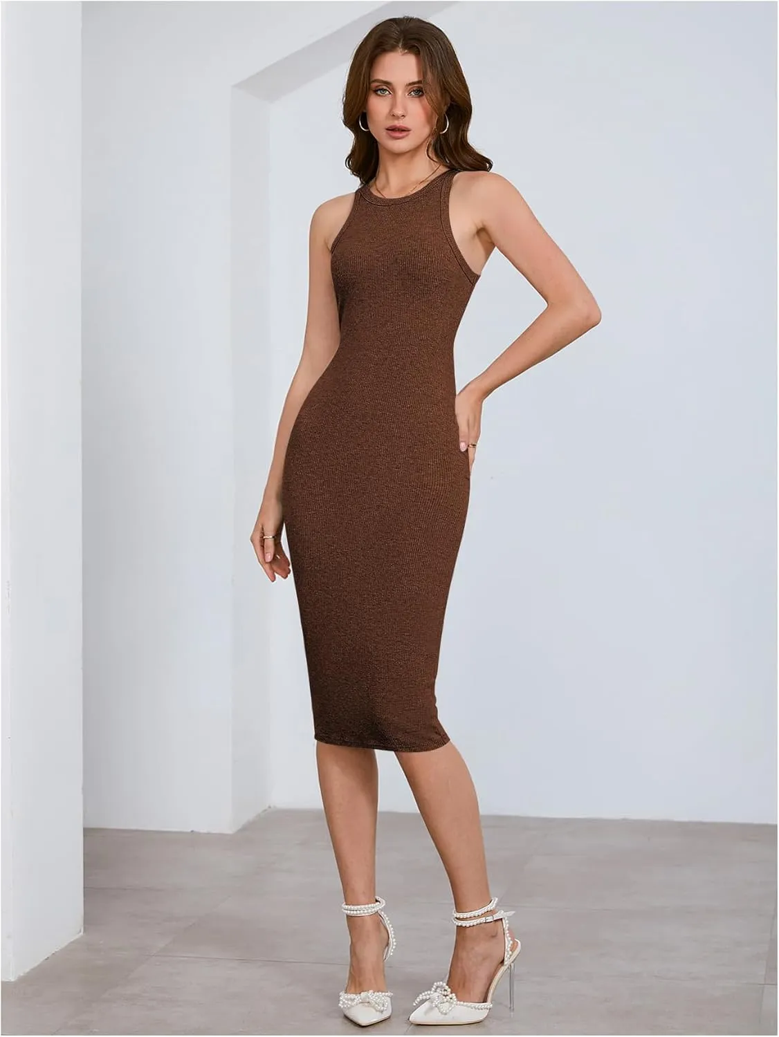 Verdusa Women's Fall Dress Sleeveless Ribbed Knit Midi Tank Dress Wedding Guest Dress Sweater Dresses