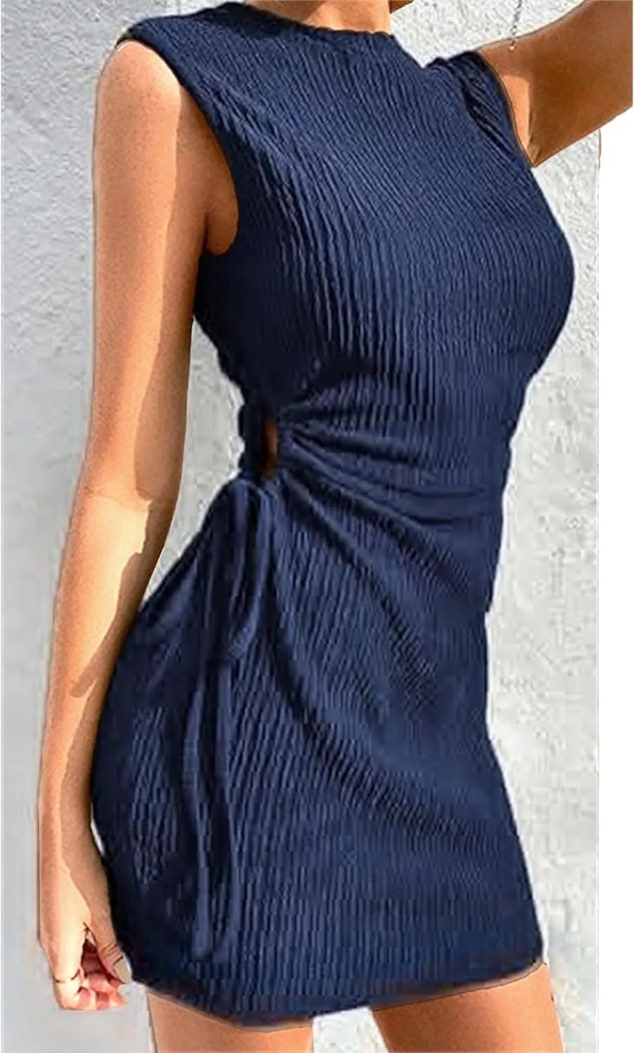 Women Summer Dresses Crewneck Sleeveless Bodycon Cut Out Mini Dress Ribbed Drawstring Ruched Wedding Guest Dress