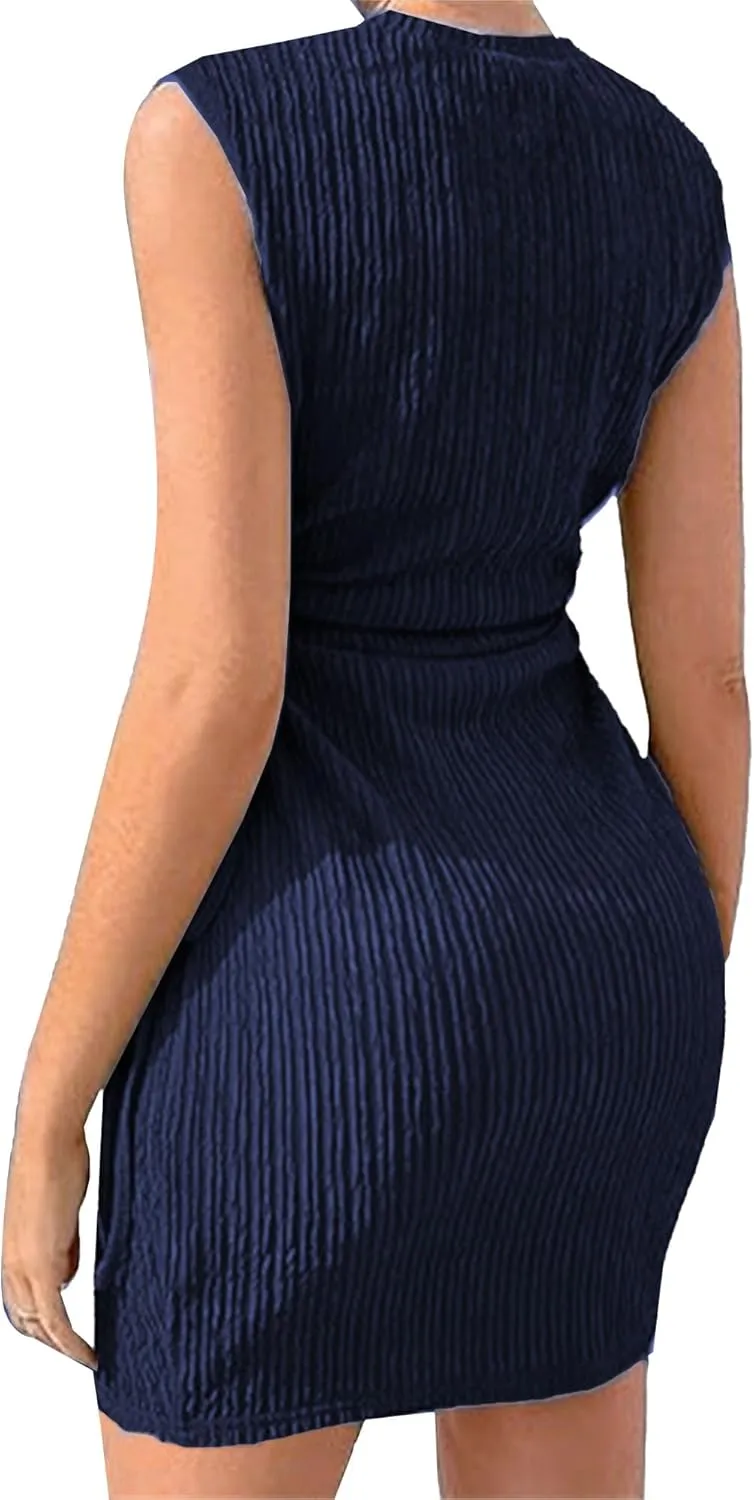 Women Summer Dresses Crewneck Sleeveless Bodycon Cut Out Mini Dress Ribbed Drawstring Ruched Wedding Guest Dress