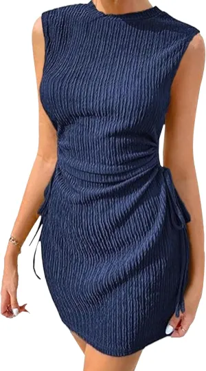 Women Summer Dresses Crewneck Sleeveless Bodycon Cut Out Mini Dress Ribbed Drawstring Ruched Wedding Guest Dress