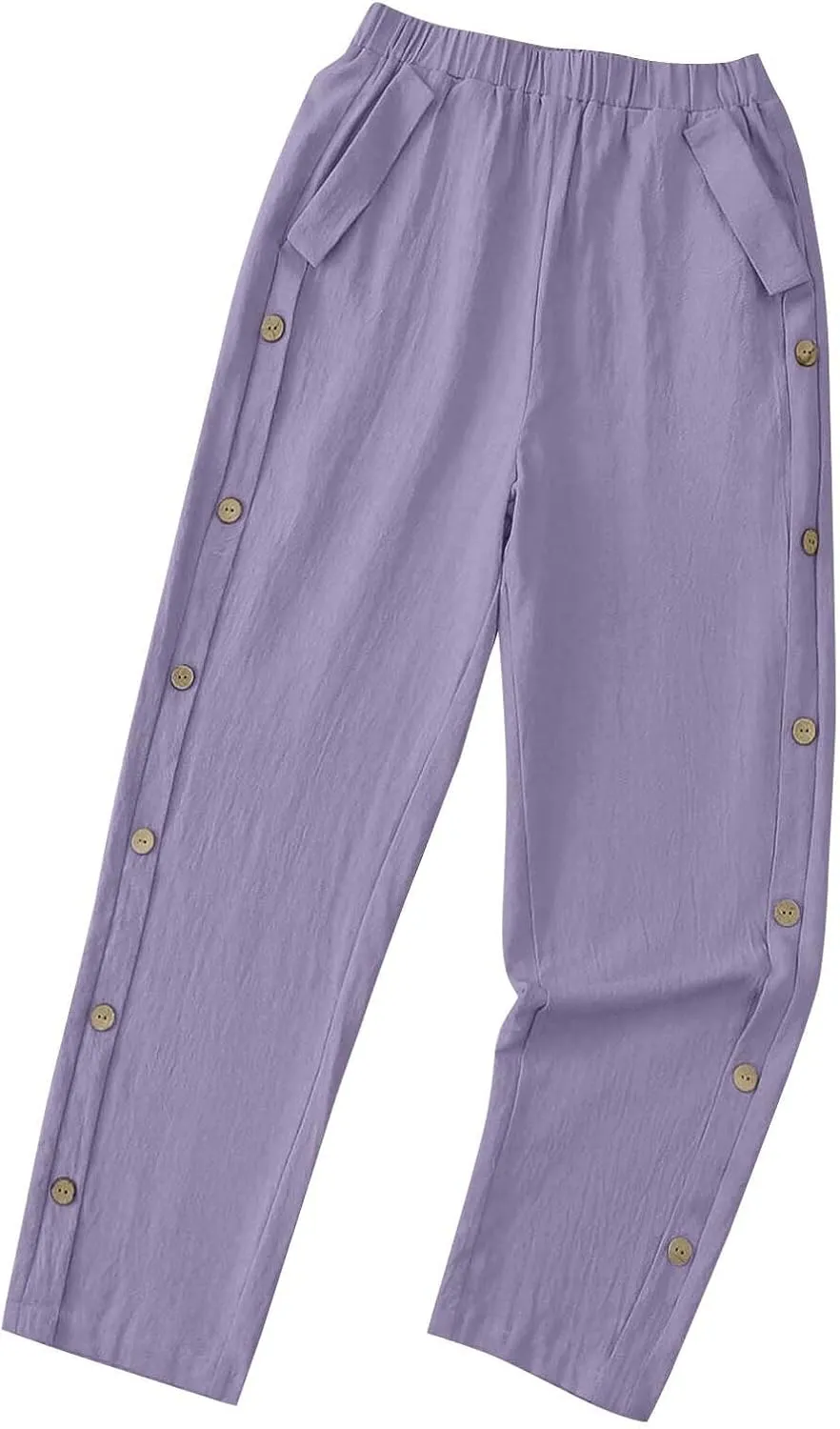 Women Summer Linen Pants Lightweight Elastic Waist Pants Vacation Beach Trouser Side Button Closure Joggers