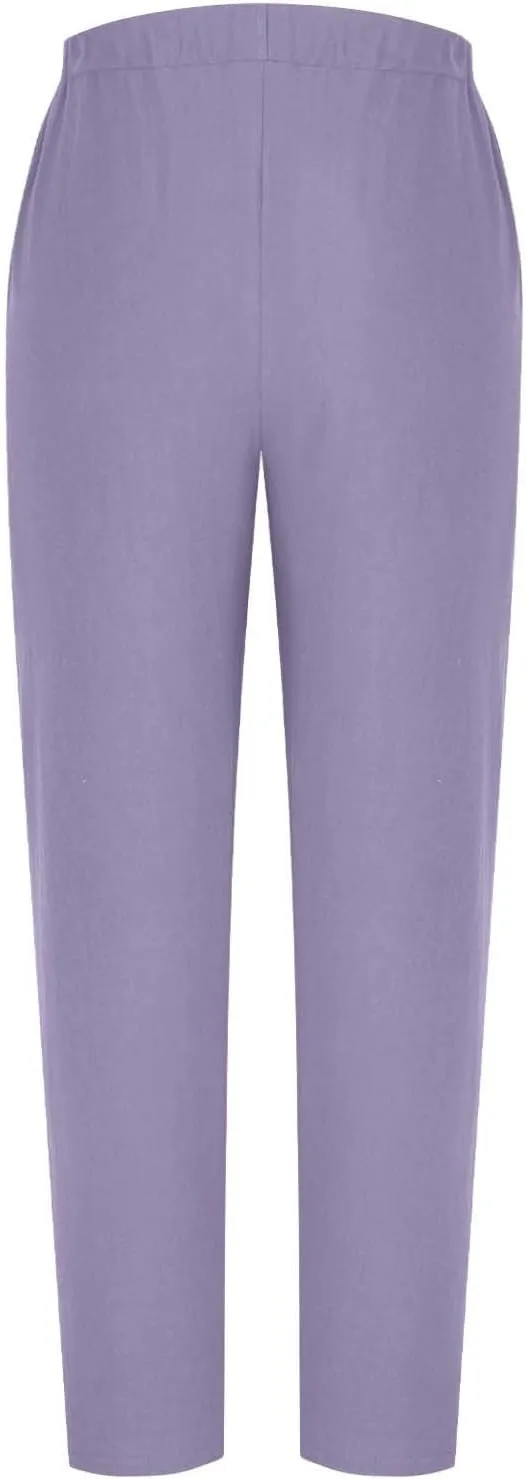 Women Summer Linen Pants Lightweight Elastic Waist Pants Vacation Beach Trouser Side Button Closure Joggers