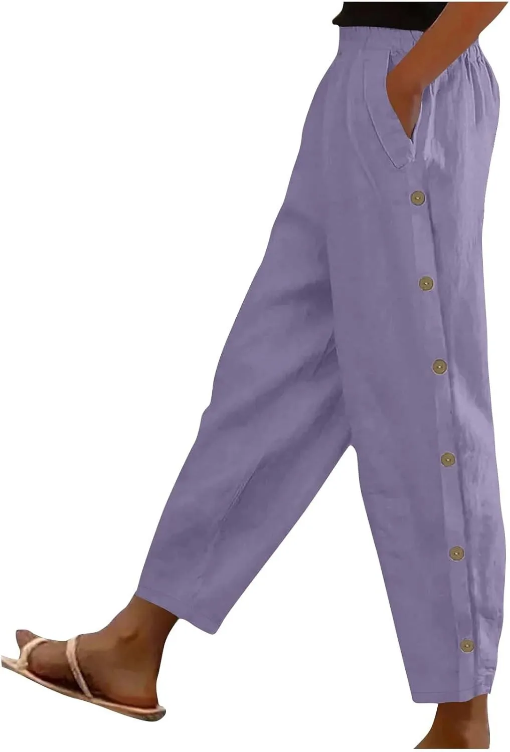 Women Summer Linen Pants Lightweight Elastic Waist Pants Vacation Beach Trouser Side Button Closure Joggers