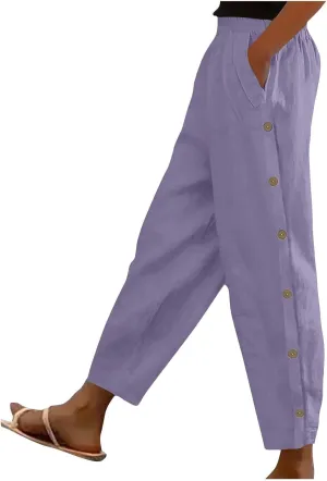 Women Summer Linen Pants Lightweight Elastic Waist Pants Vacation Beach Trouser Side Button Closure Joggers