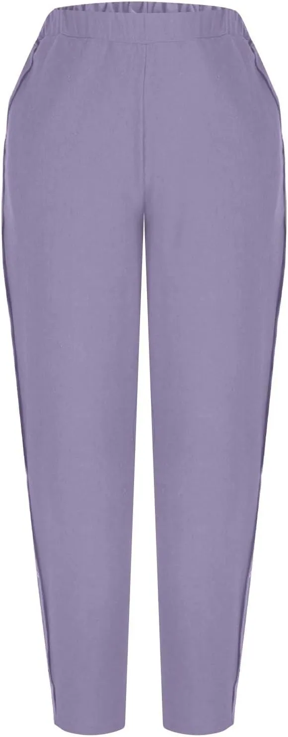 Women Summer Linen Pants Lightweight Elastic Waist Pants Vacation Beach Trouser Side Button Closure Joggers