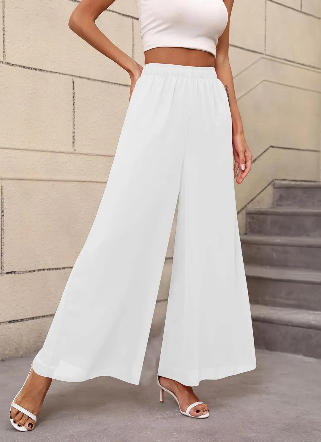 Women's Chiffon Dress Palazzo Pants Beach Wide Leg Elastic Waist Trouser Elegant Flowy High Waisted Ladies Lounge