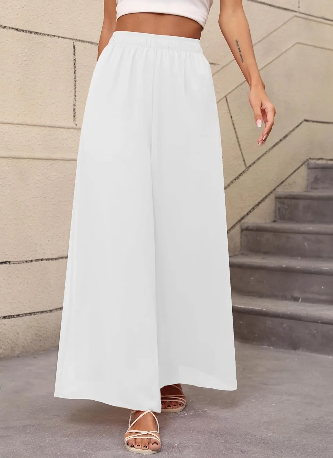 Women's Chiffon Dress Palazzo Pants Beach Wide Leg Elastic Waist Trouser Elegant Flowy High Waisted Ladies Lounge