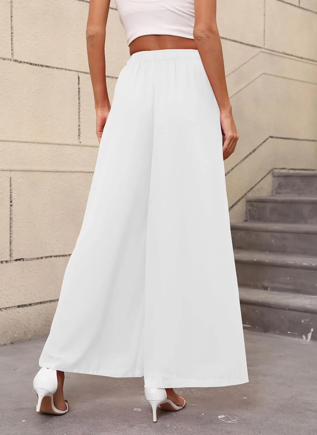 Women's Chiffon Dress Palazzo Pants Beach Wide Leg Elastic Waist Trouser Elegant Flowy High Waisted Ladies Lounge