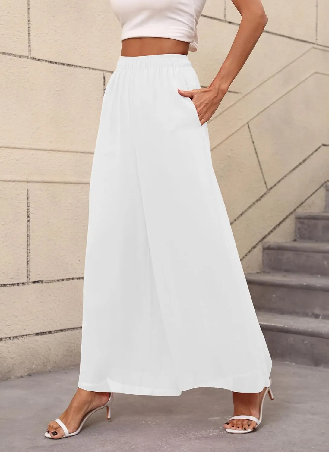 Women's Chiffon Dress Palazzo Pants Beach Wide Leg Elastic Waist Trouser Elegant Flowy High Waisted Ladies Lounge