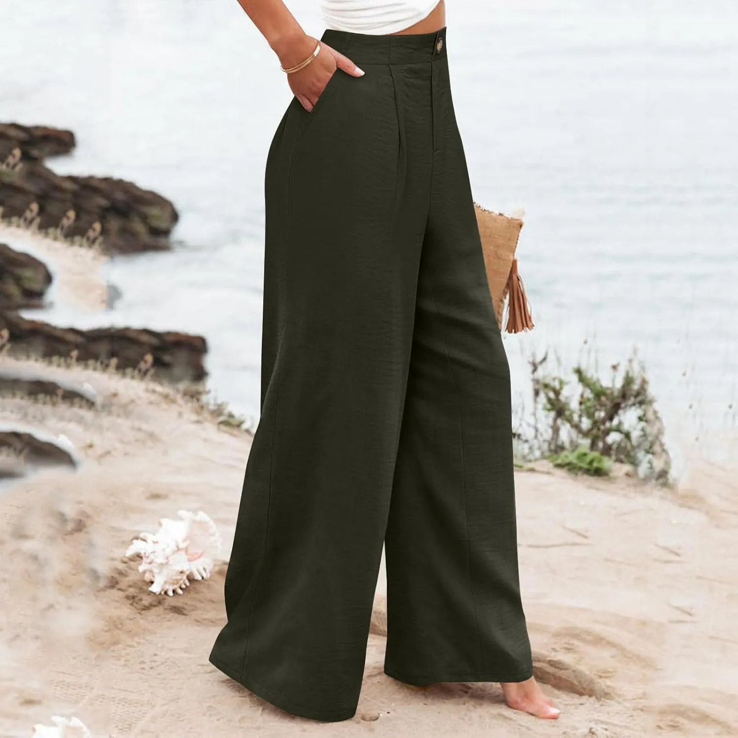 Women's Solid Color Casual High Waisted Buttoned Elastic Pocket Wide Leg Straight Dressy Loose Fit Pants