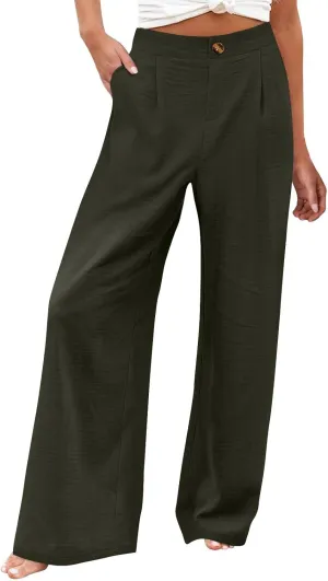 Women's Solid Color Casual High Waisted Buttoned Elastic Pocket Wide Leg Straight Dressy Loose Fit Pants