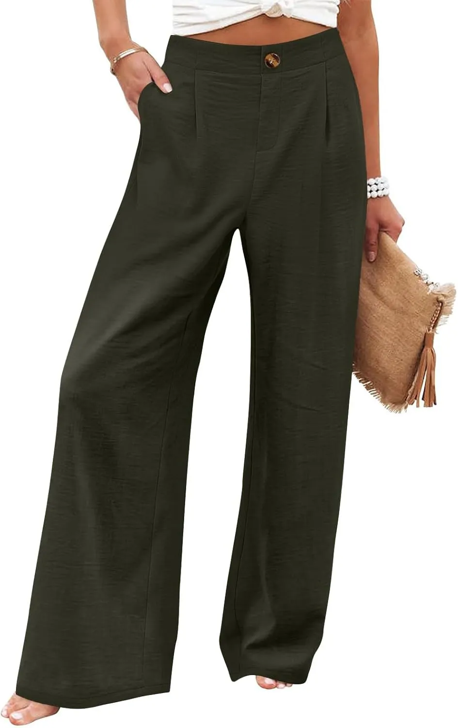 Women's Solid Color Casual High Waisted Buttoned Elastic Pocket Wide Leg Straight Dressy Loose Fit Pants
