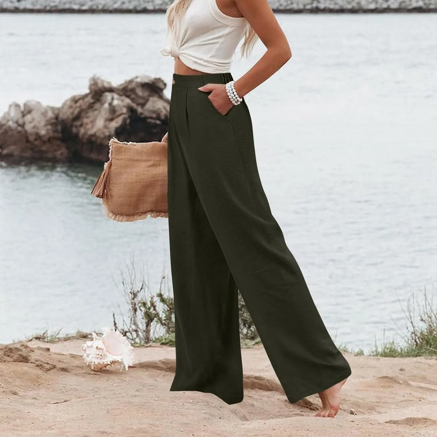 Women's Solid Color Casual High Waisted Buttoned Elastic Pocket Wide Leg Straight Dressy Loose Fit Pants
