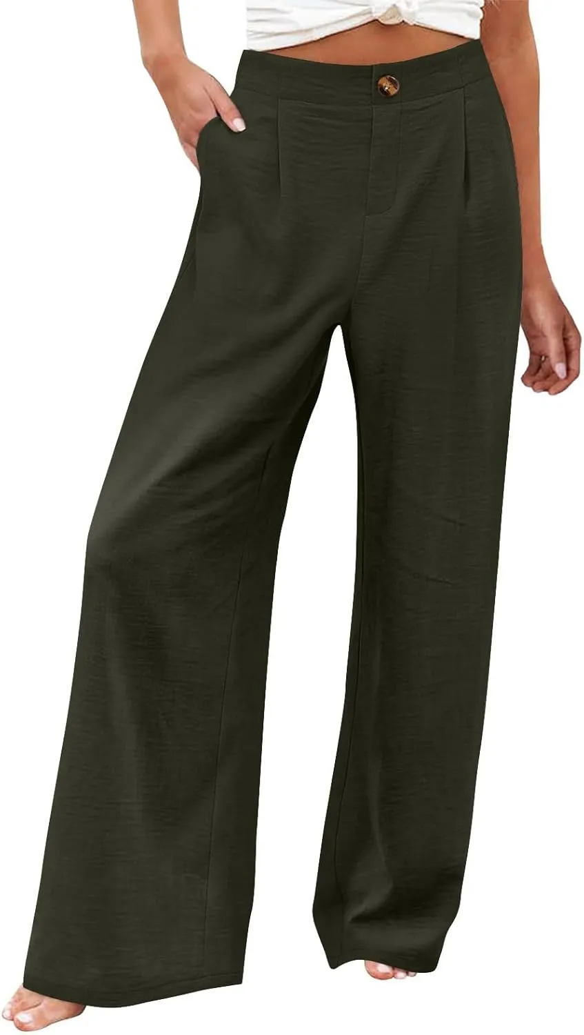 Women's Solid Color Casual High Waisted Buttoned Elastic Pocket Wide Leg Straight Dressy Loose Fit Pants