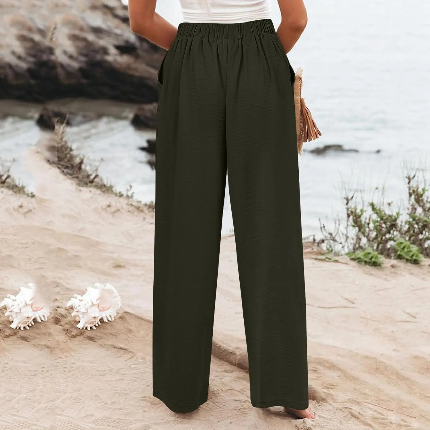 Women's Solid Color Casual High Waisted Buttoned Elastic Pocket Wide Leg Straight Dressy Loose Fit Pants