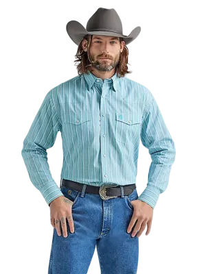 Wrangler Men's Troubadour Long Sleeve Snap Print Teal Blue Shirt