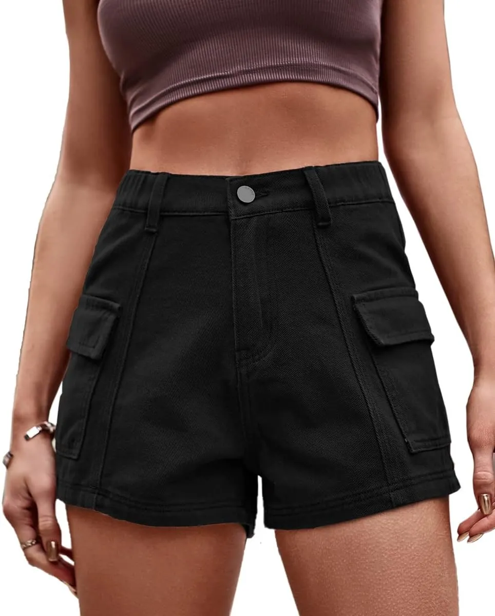 YOCUR Womens Cargo Denim Shorts - Summer Casual Vintage Loose Button Zipper Shorts